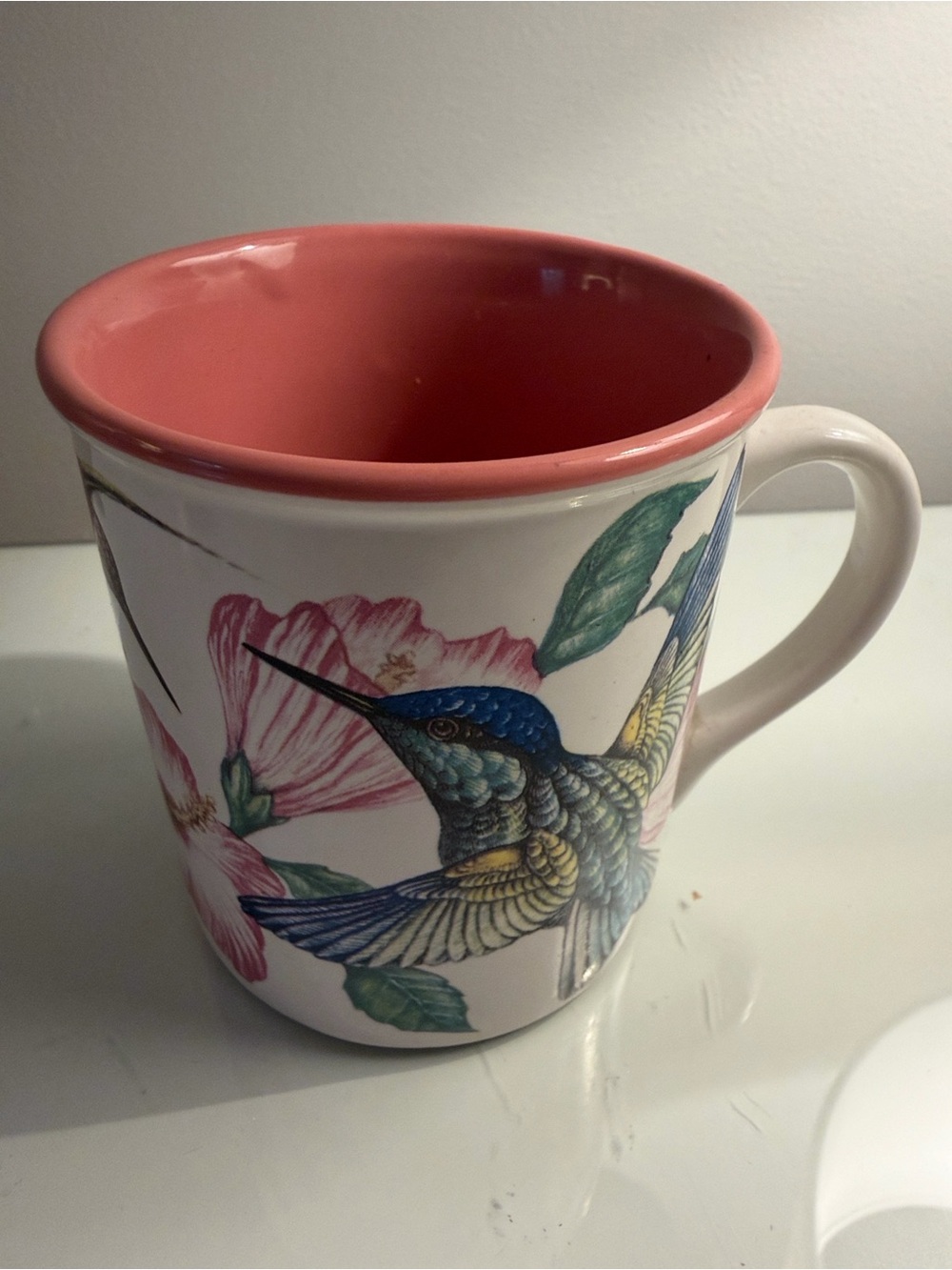 Vintage 1993 Hummingbird Floral Ceramic Mug - Pink Interior